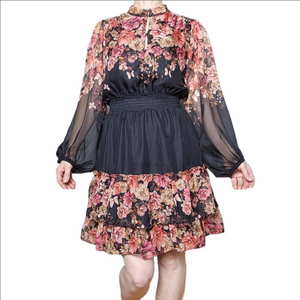 Dress Floral print ruffles Sheer puff sleeves Tiered AUTRES FILLES NWOT